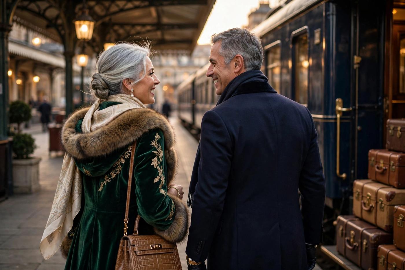 A couple in conversation on a station platform
