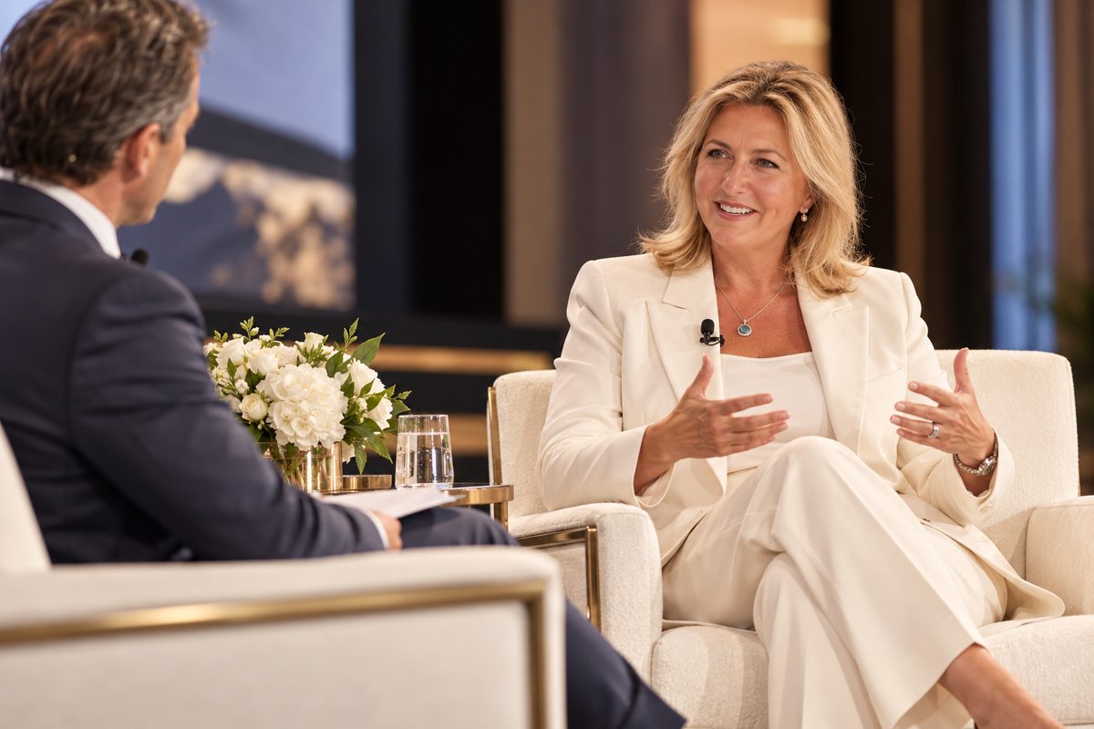 Colleen Ferrary in conversation on stage with a founder, seated in white armchairs with a bouquet of white flowers