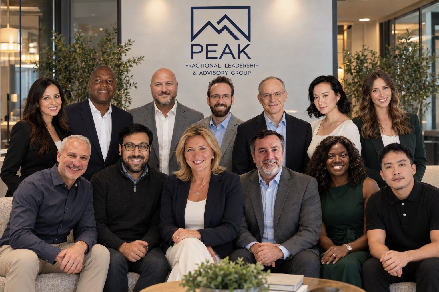 The Peak team in front of the Peak banner